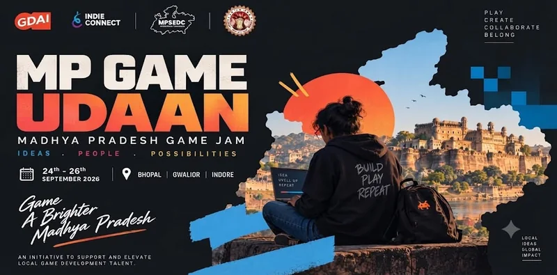 MP Game Udaan का आधिकारिक पोस्टर, जिस पर 24–26 सितंबर 2026 और तीनों आयोजन शहर लिखे हैं।